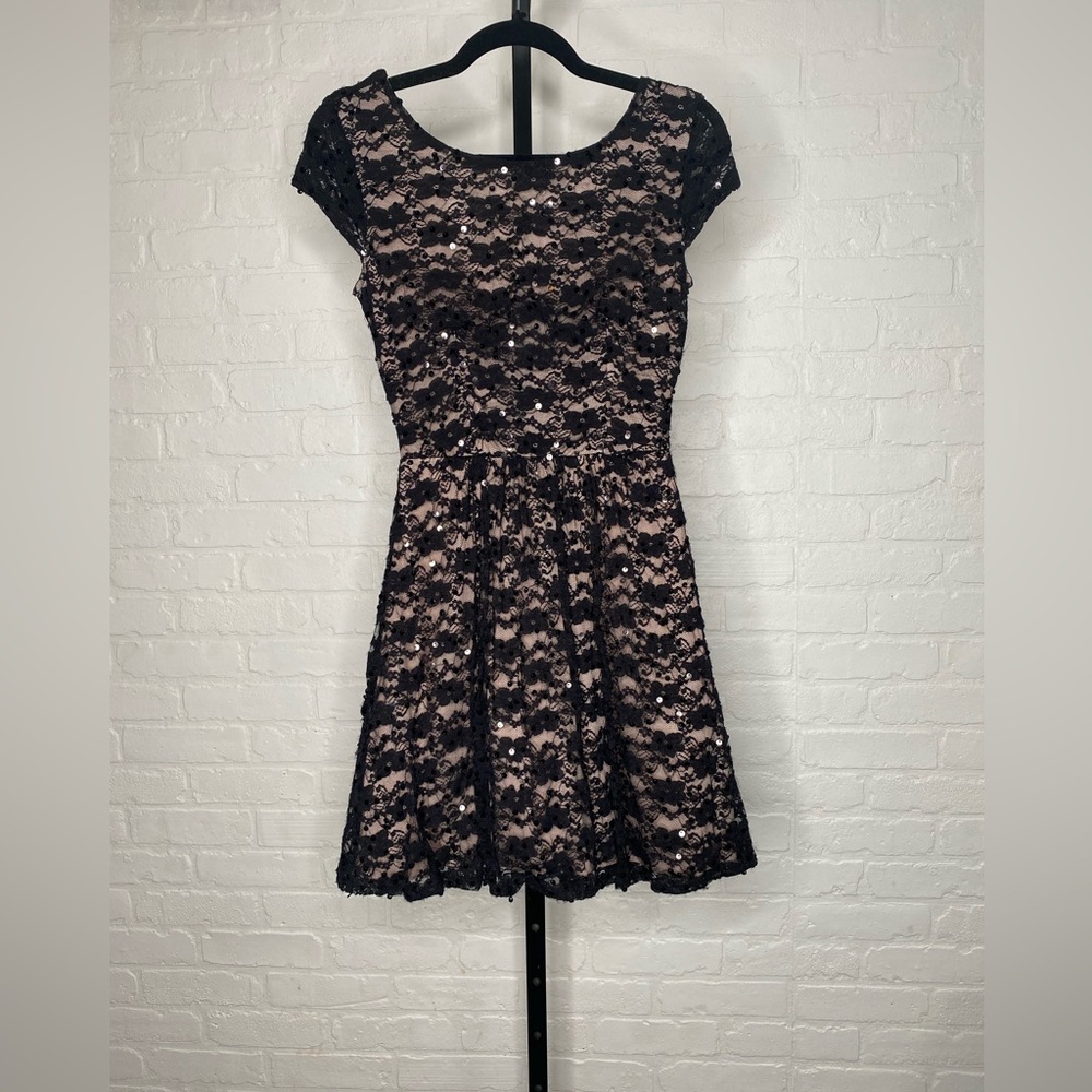 B. Smart Crochet Lace Shimmer Fit and Flare Dress black/ light pink